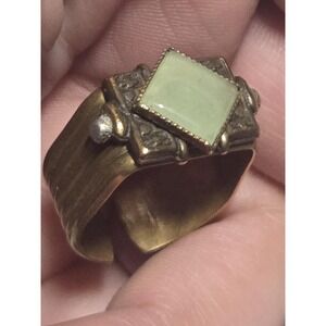 Vintage Green Tourmaline Stone Geometric Mixed Media Brass Ring Size 7